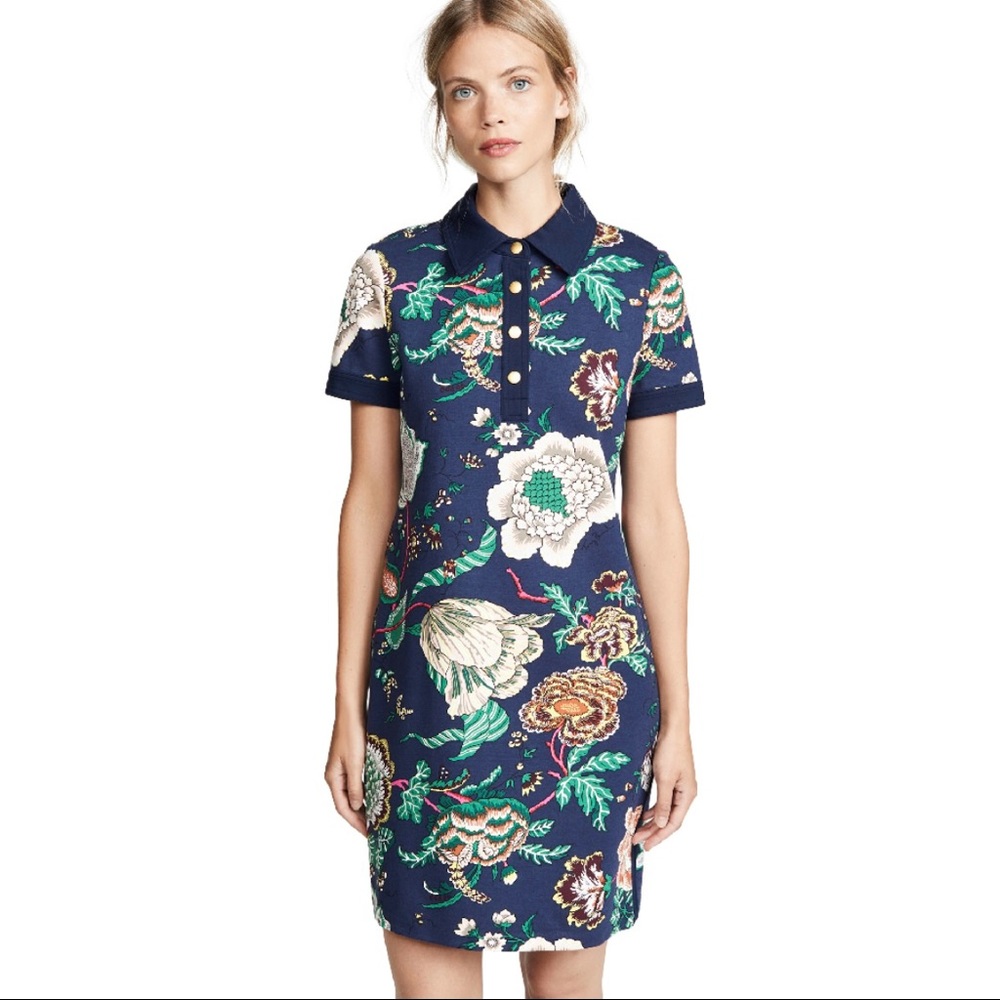 TORY BURCH Floral-print Ponte Polo Dress In Navy Happy Times